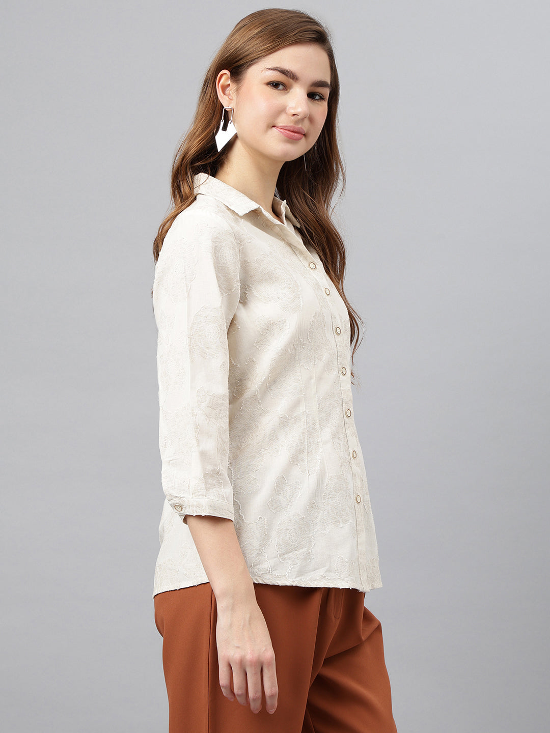 Beige Shirt Collar Three-Quarter Sleeves Solid Shirt For Casual Wear