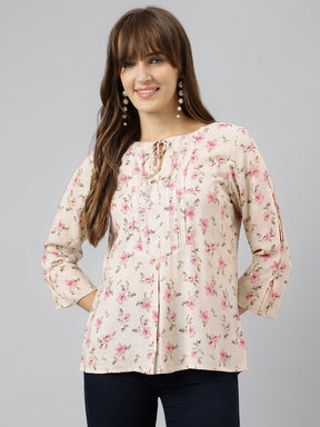 Pink Round Neck Three Quarter Sleeves Printed Top For Casual Wear