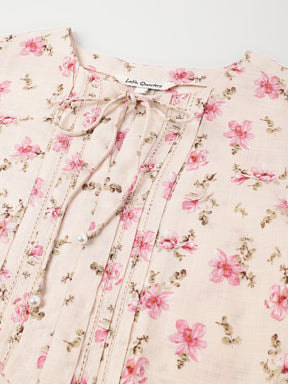 Pink Round Neck Three Quarter Sleeves Printed Top For Casual Wear