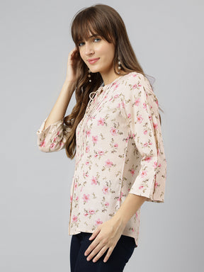 Pink Round Neck Three Quarter Sleeves Printed Top For Casual Wear