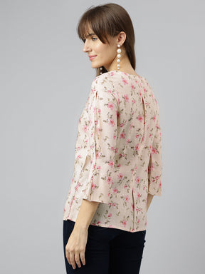 Pink Round Neck Three Quarter Sleeves Printed Top For Casual Wear