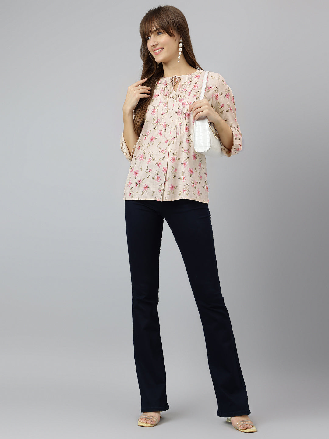 Pink Round Neck Three Quarter Sleeves Printed Top For Casual Wear