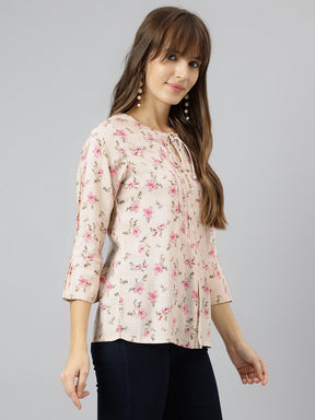 Pink Round Neck Three Quarter Sleeves Printed Top For Casual Wear