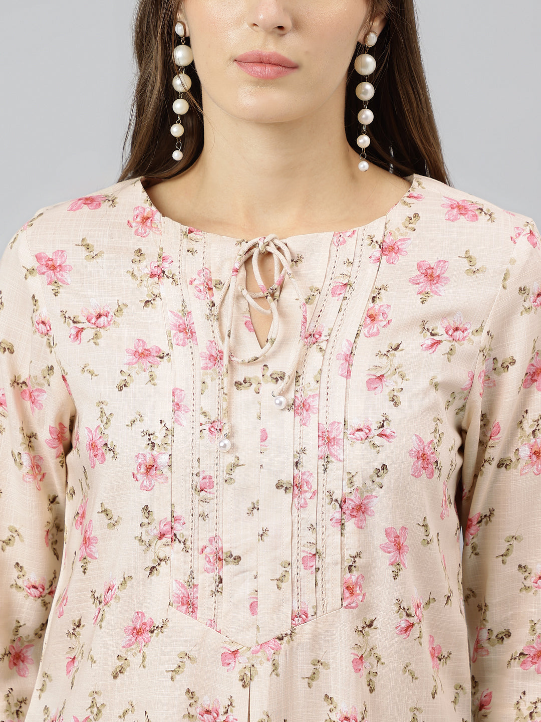 Pink Round Neck Three Quarter Sleeves Printed Top For Casual Wear