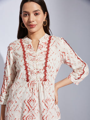 Latin Quarters Women Rust V-Neck 3/4th Sleeves Printed Tunic Blouse For Casual Wear