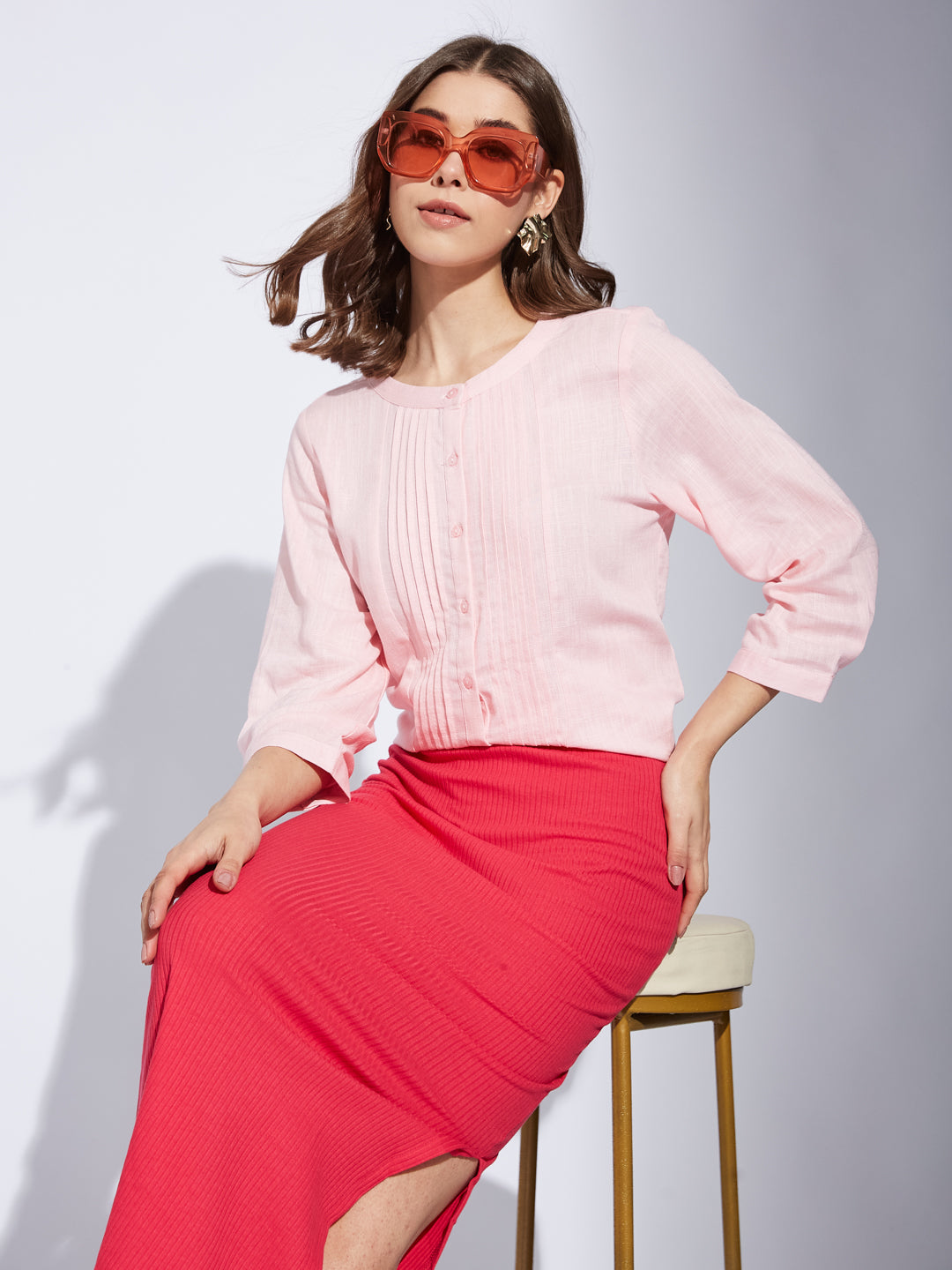 Latin Quarter Women Pink Round Neck 3/4Th Sleeve Solid Tunic Blouse