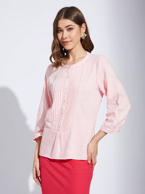 Latin Quarter Women Pink Round Neck 3/4th Sleeve Solid Tunic Blouse