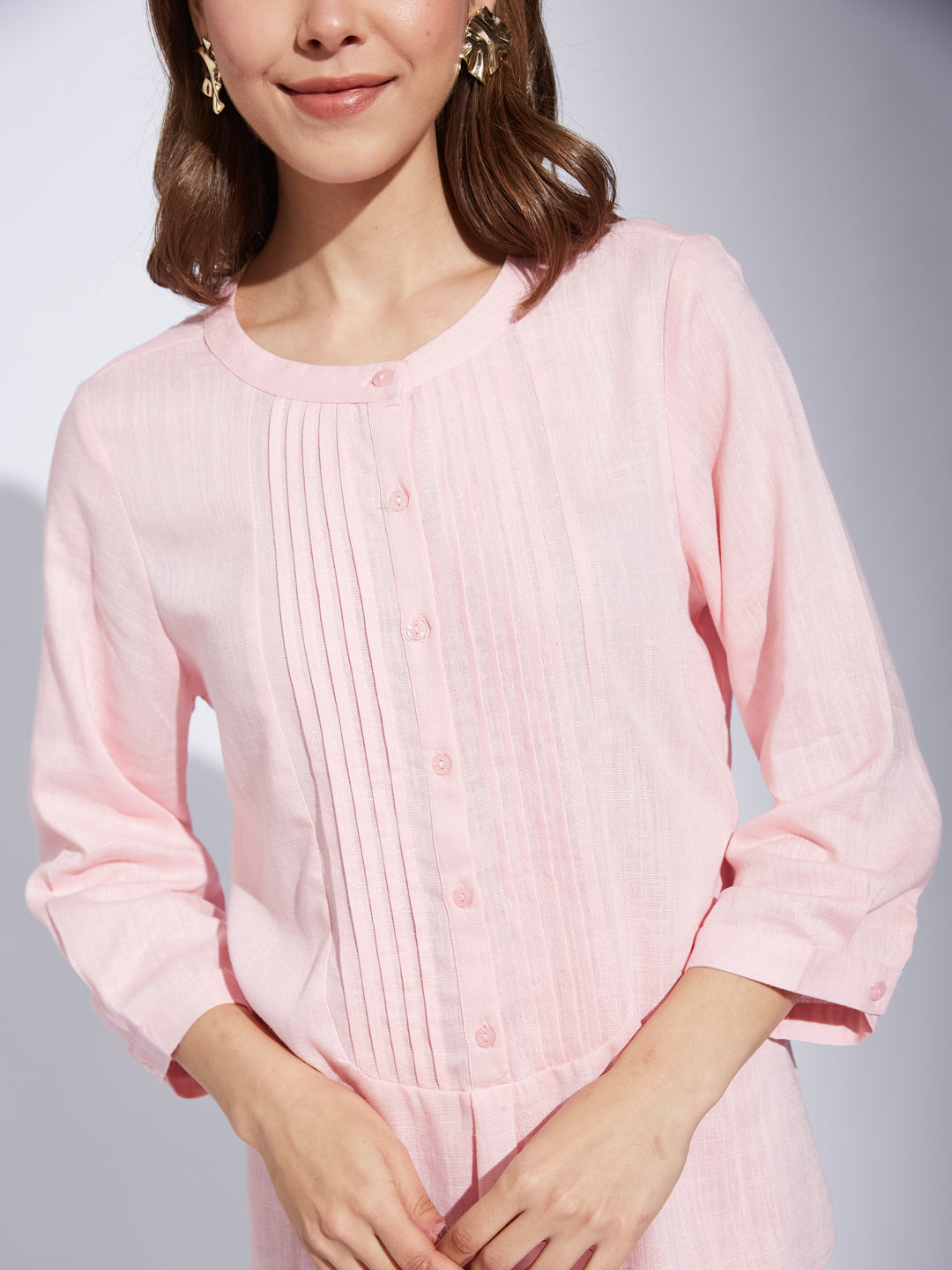 Latin Quarter Women Pink Round Neck 3/4th Sleeve Solid Tunic Blouse