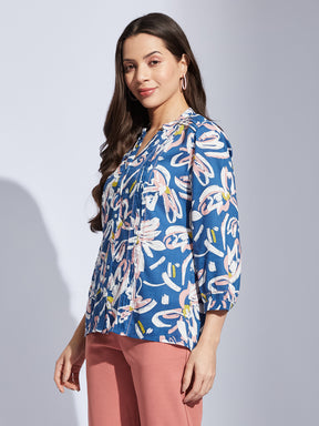 Latin Quarters Women Blue V-Neck 3/4Th Sleeves Printed Tunic Blouse For Casual Wear