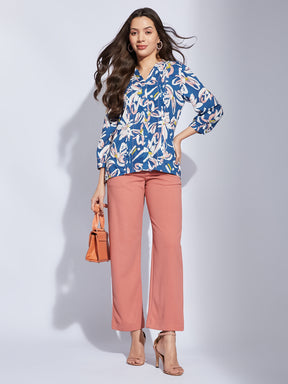 Latin Quarters Women Blue V-Neck 3/4Th Sleeves Printed Tunic Blouse For Casual Wear