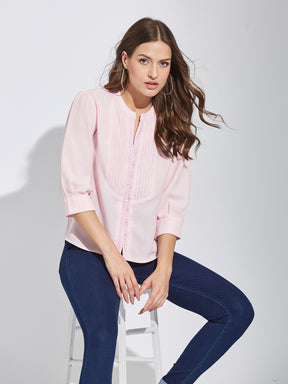 Latin Quarters Women Pink Round Neck 3/4Th Sleeves Solid Tunic Blouse For Casual Wear