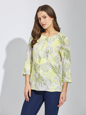 Latin Quarters Women Green Round Neck 3/4th Sleeves Tropical Print Tunic