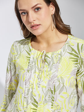 Latin Quarters Women Green Round Neck 3/4th Sleeves Tropical Print Tunic