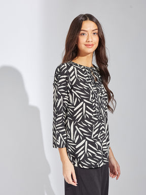 Latin Quarters Women Black Round Neck 3/4th Sleeves Printed Tunic Top For Casual
