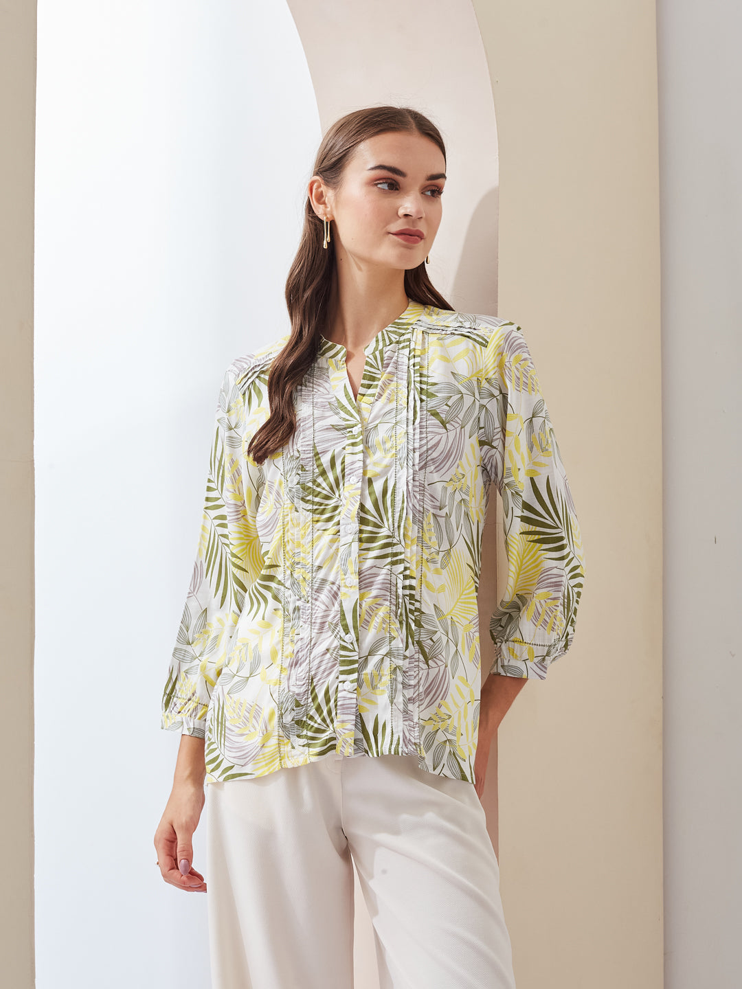Latin Quarters Women Green Printed Mandarin Collar 3/4th Sleeve Casual Regular Tunic