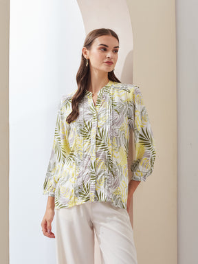 Latin Quarters Women Green Printed Mandarin Collar 3/4th Sleeve Casual Regular Tunic