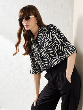 Latin Quarters Women's Black 3/4Th Sleeves Collared Printed Casual Hip Length Tunic