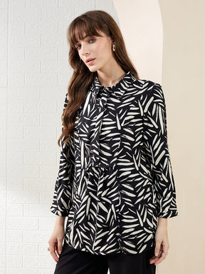 Latin Quarters Women's Black 3/4Th Sleeves Collared Printed Casual Hip Length Tunic