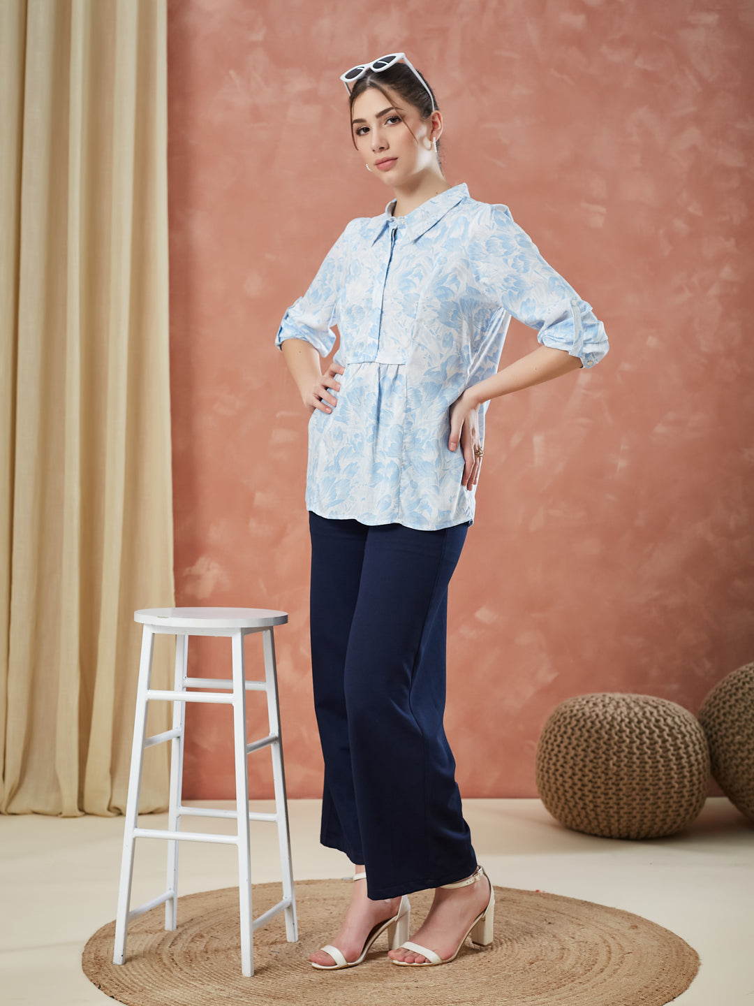 Latin Quarters Women's Blue 3/4Th Sleeves Printed Collar Neck Casual Tunic