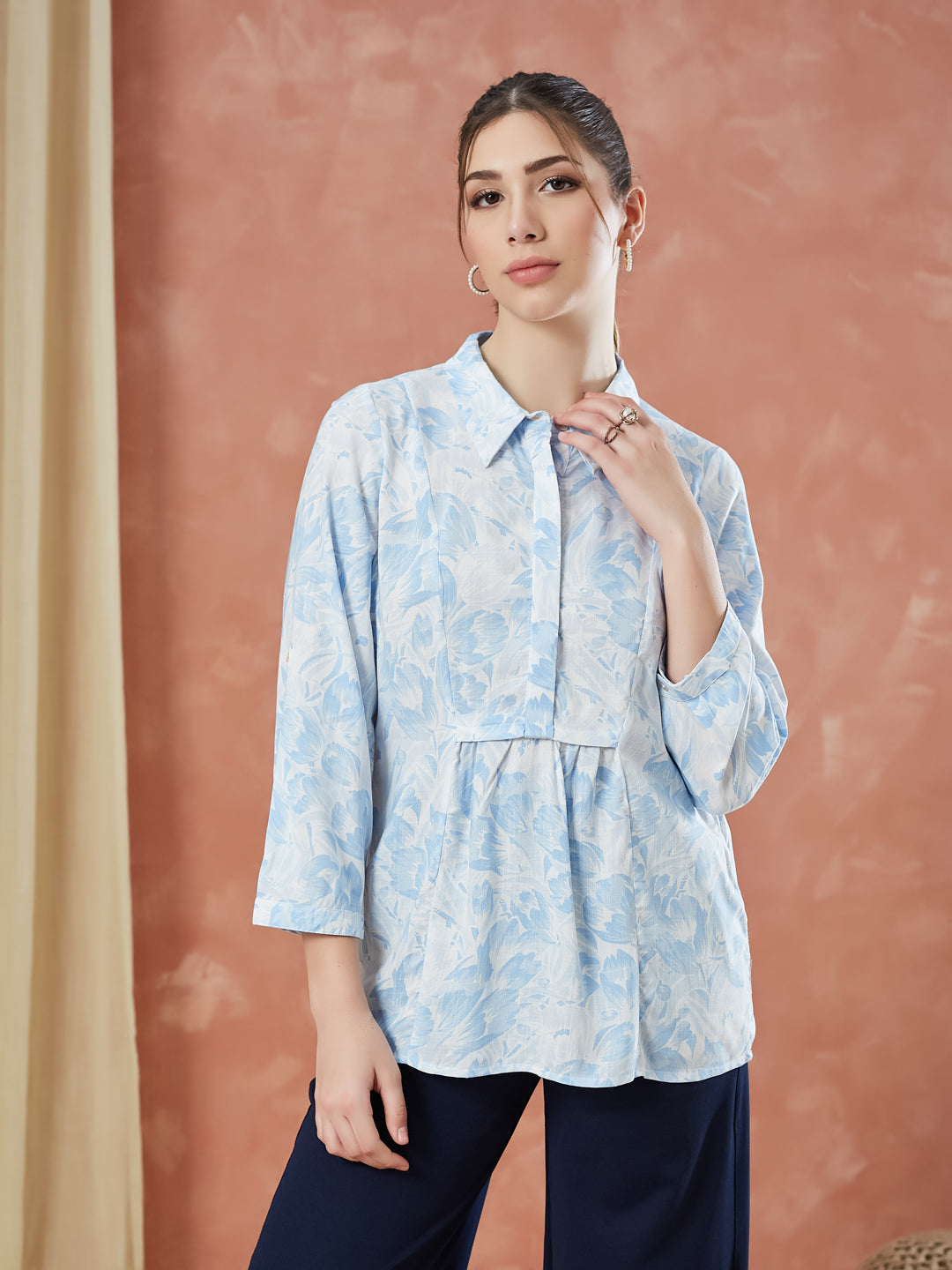 Latin Quarters Women's Blue 3/4Th Sleeves Printed Collar Neck Casual Tunic
