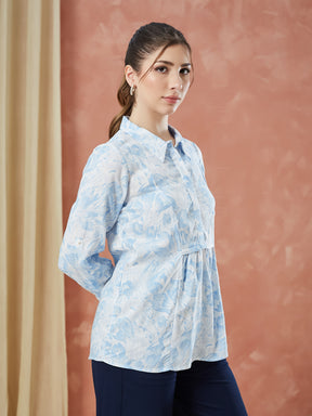 Latin Quarters Women's Blue 3/4Th Sleeves Printed Collar Neck Casual Tunic