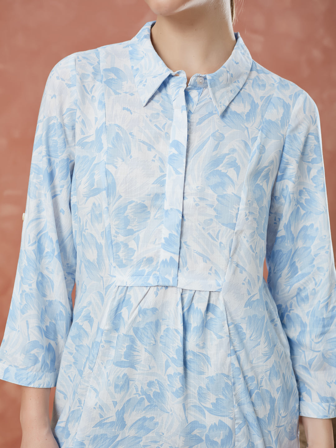 Latin Quarters Women's Blue 3/4Th Sleeves Printed Collar Neck Casual Tunic