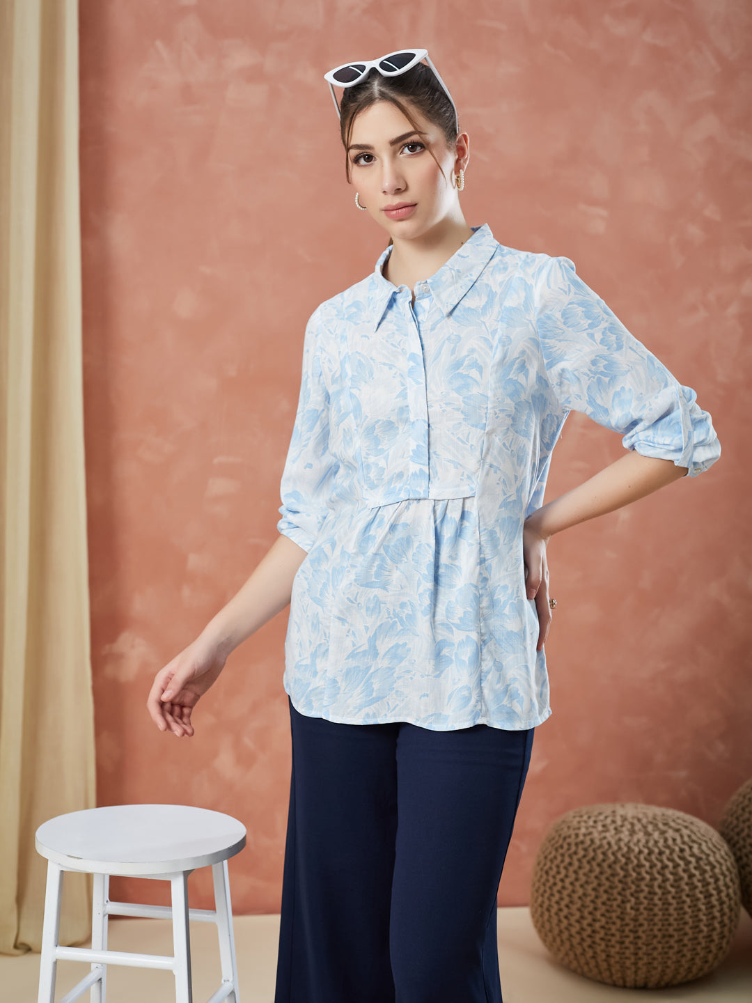Latin Quarters Women's Blue 3/4Th Sleeves Printed Collar Neck Casual Tunic