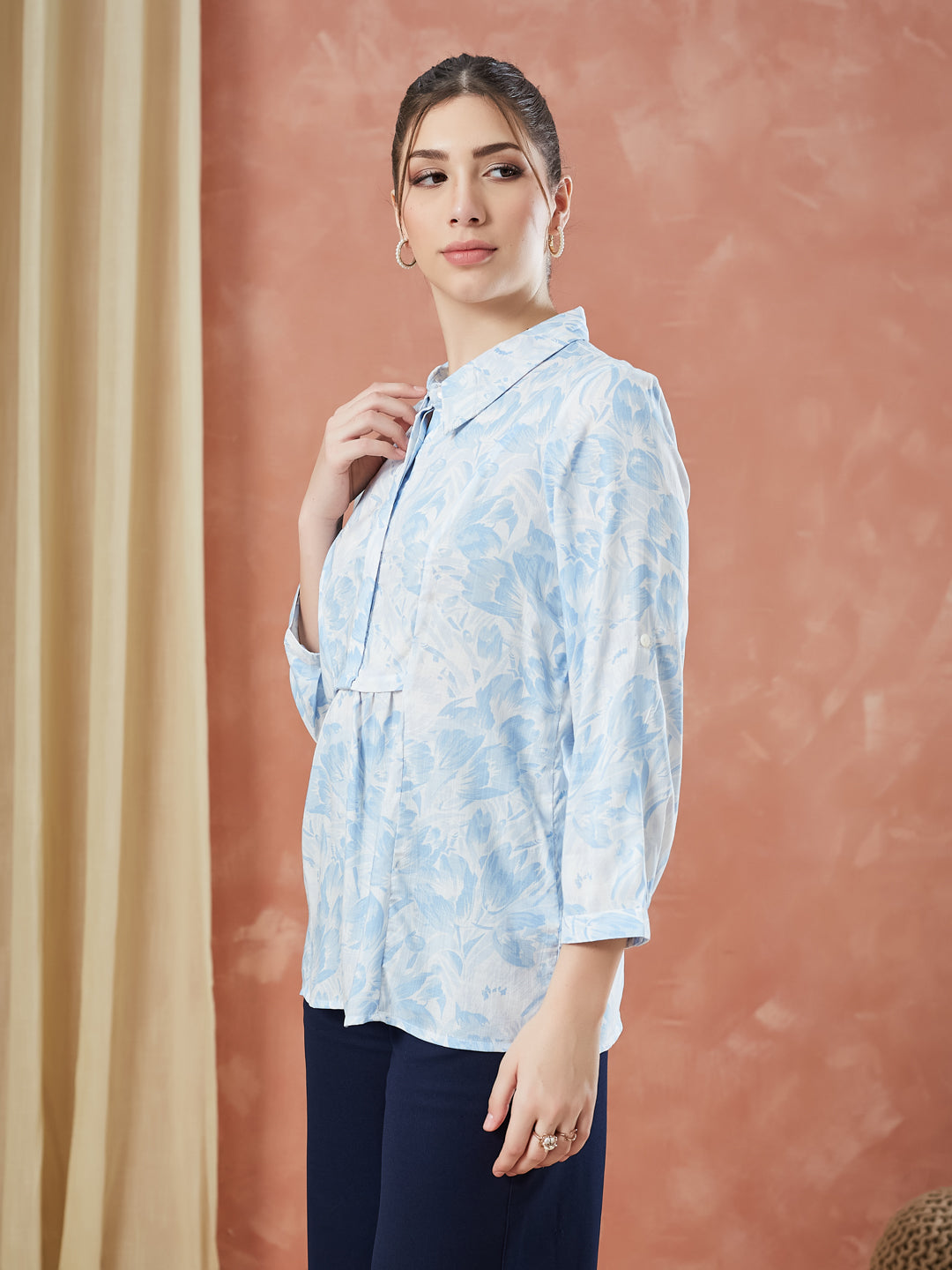 Latin Quarters Women's Blue 3/4Th Sleeves Printed Collar Neck Casual Tunic