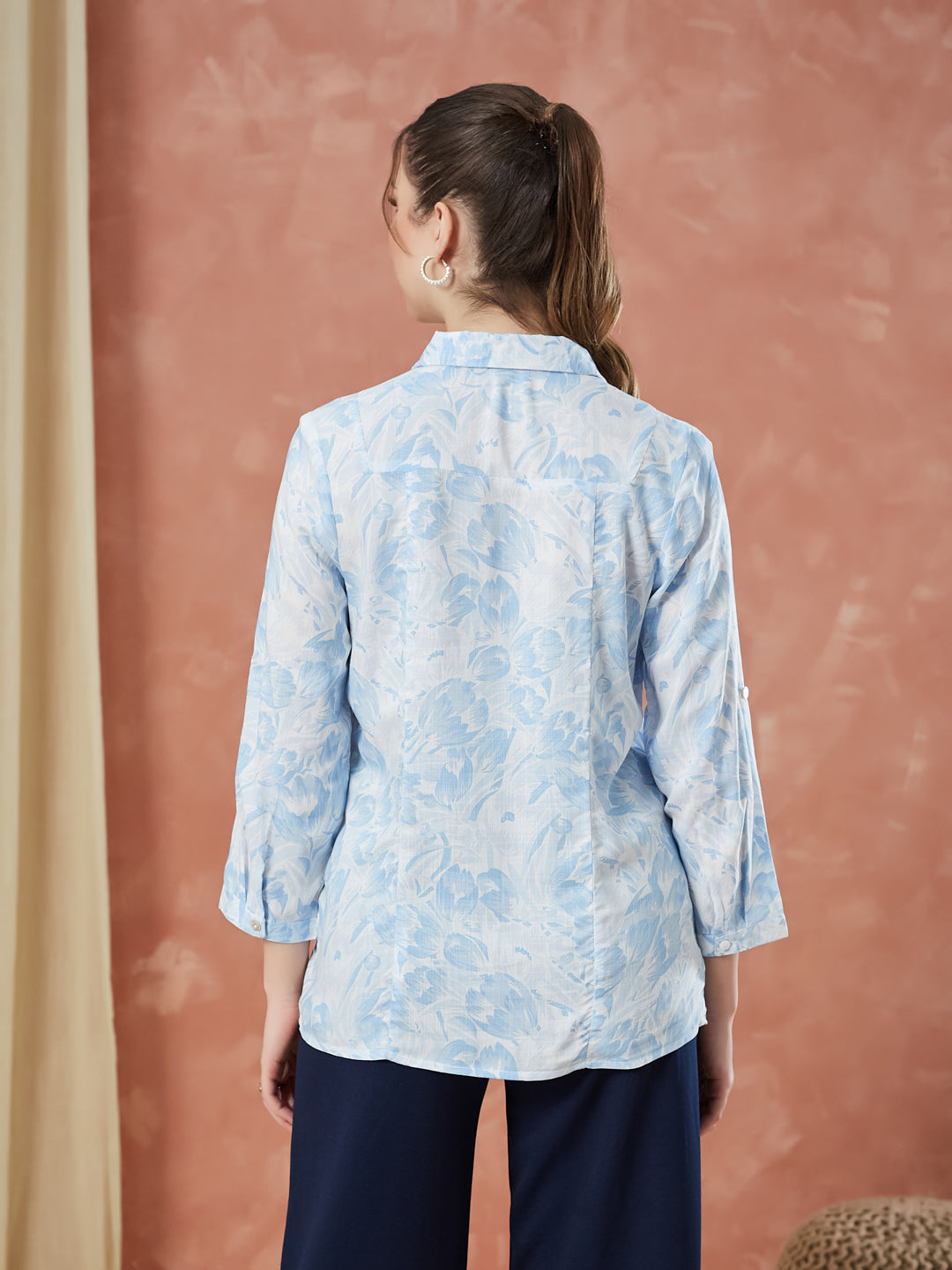 Latin Quarters Women's Blue 3/4Th Sleeves Printed Collar Neck Casual Tunic
