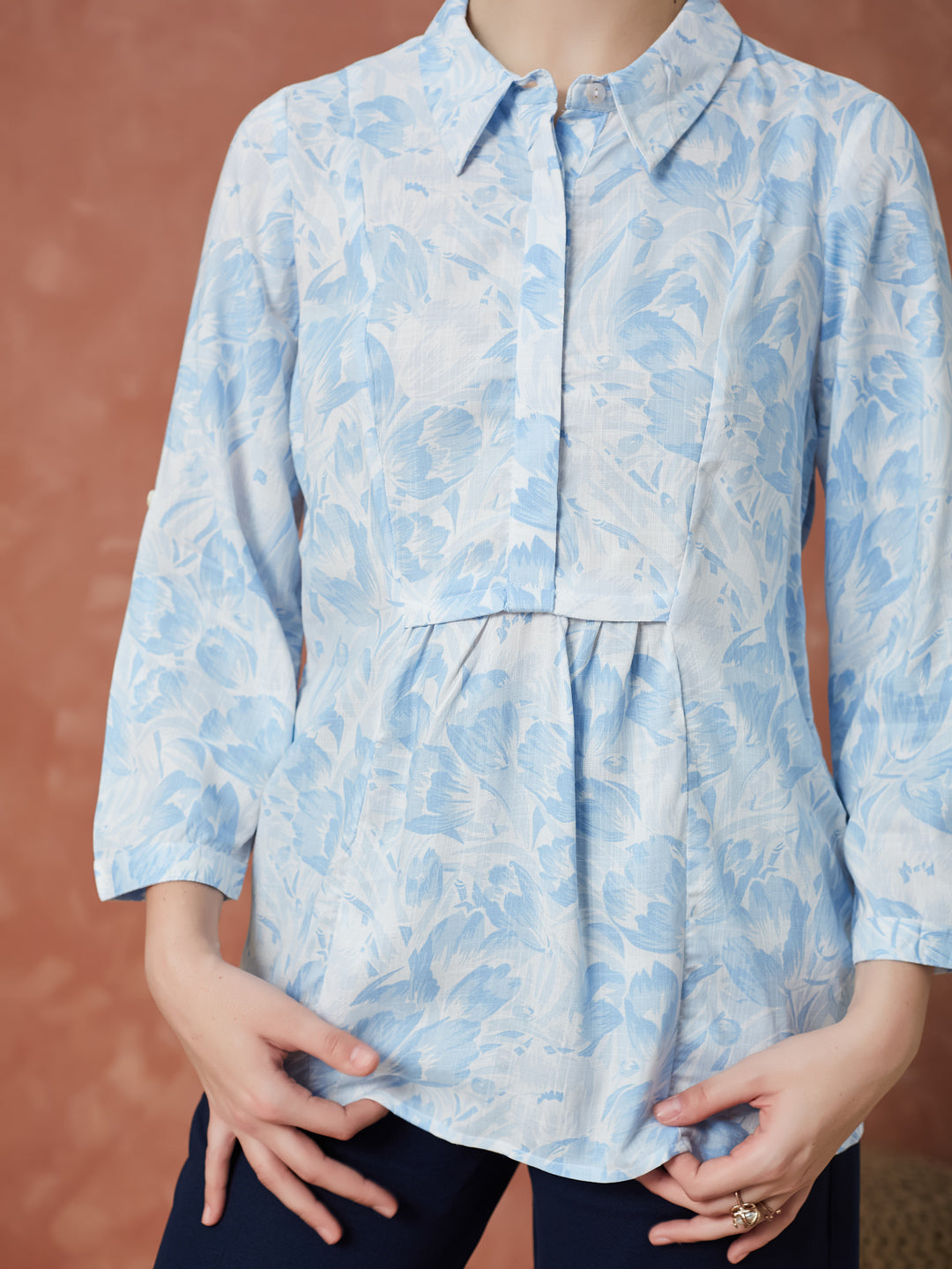 Latin Quarters Women's Blue 3/4Th Sleeves Printed Collar Neck Casual Tunic