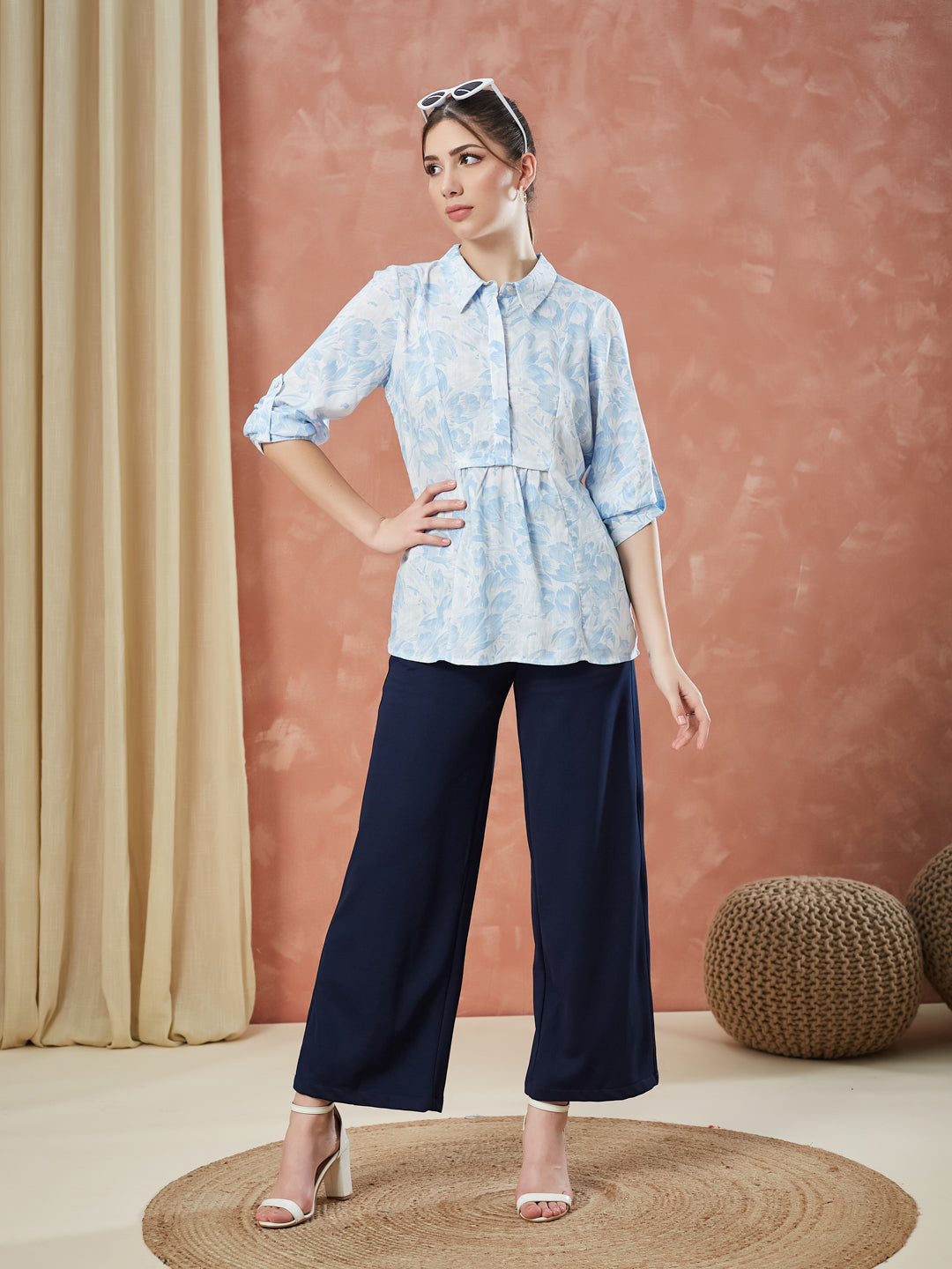 Latin Quarters Women's Blue 3/4Th Sleeves Printed Collar Neck Casual Tunic