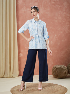 Latin Quarters Women's Blue 3/4Th Sleeves Printed Collar Neck Casual Tunic