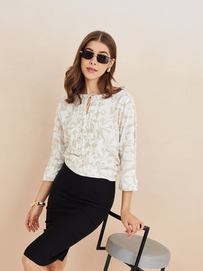 Latin Quarters Women'S Beige Tie-Up Neck 3/4Th Sleeves Printed Casual Tunic