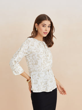 Latin Quarters Women'S Beige Tie-Up Neck 3/4Th Sleeves Printed Casual Tunic