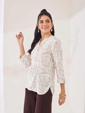 Latin Quarters Women's Beige Printed 3/4Th Sleeve Round Neck Casual Tunic