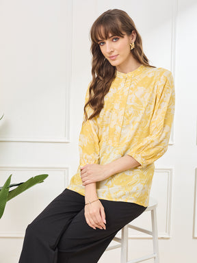 Latin Quarters Women's Yellow 3/4th Sleeves Mandarin Neck Casual Printed Tunic