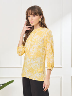 Latin Quarters Women's Yellow 3/4th Sleeves Mandarin Neck Casual Printed Tunic