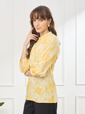 Latin Quarters Women's Yellow 3/4th Sleeves Mandarin Neck Casual Printed Tunic
