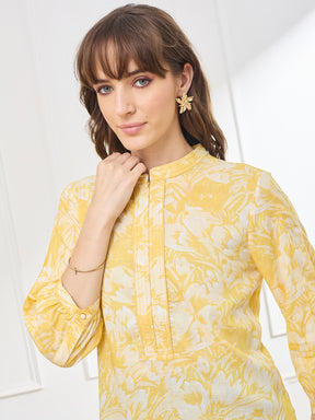 Latin Quarters Women's Yellow 3/4th Sleeves Mandarin Neck Casual Printed Tunic