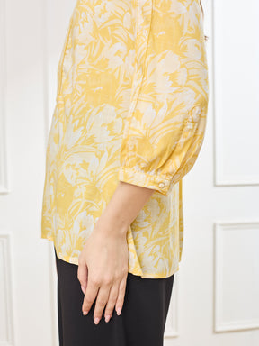 Latin Quarters Women's Yellow 3/4th Sleeves Mandarin Neck Casual Printed Tunic