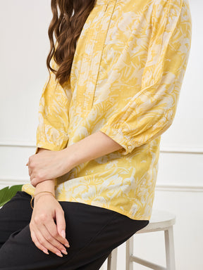Latin Quarters Women's Yellow 3/4th Sleeves Mandarin Neck Casual Printed Tunic