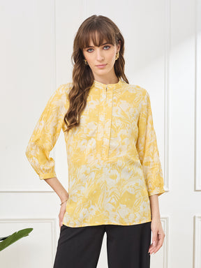 Latin Quarters Women's Yellow 3/4th Sleeves Mandarin Neck Casual Printed Tunic