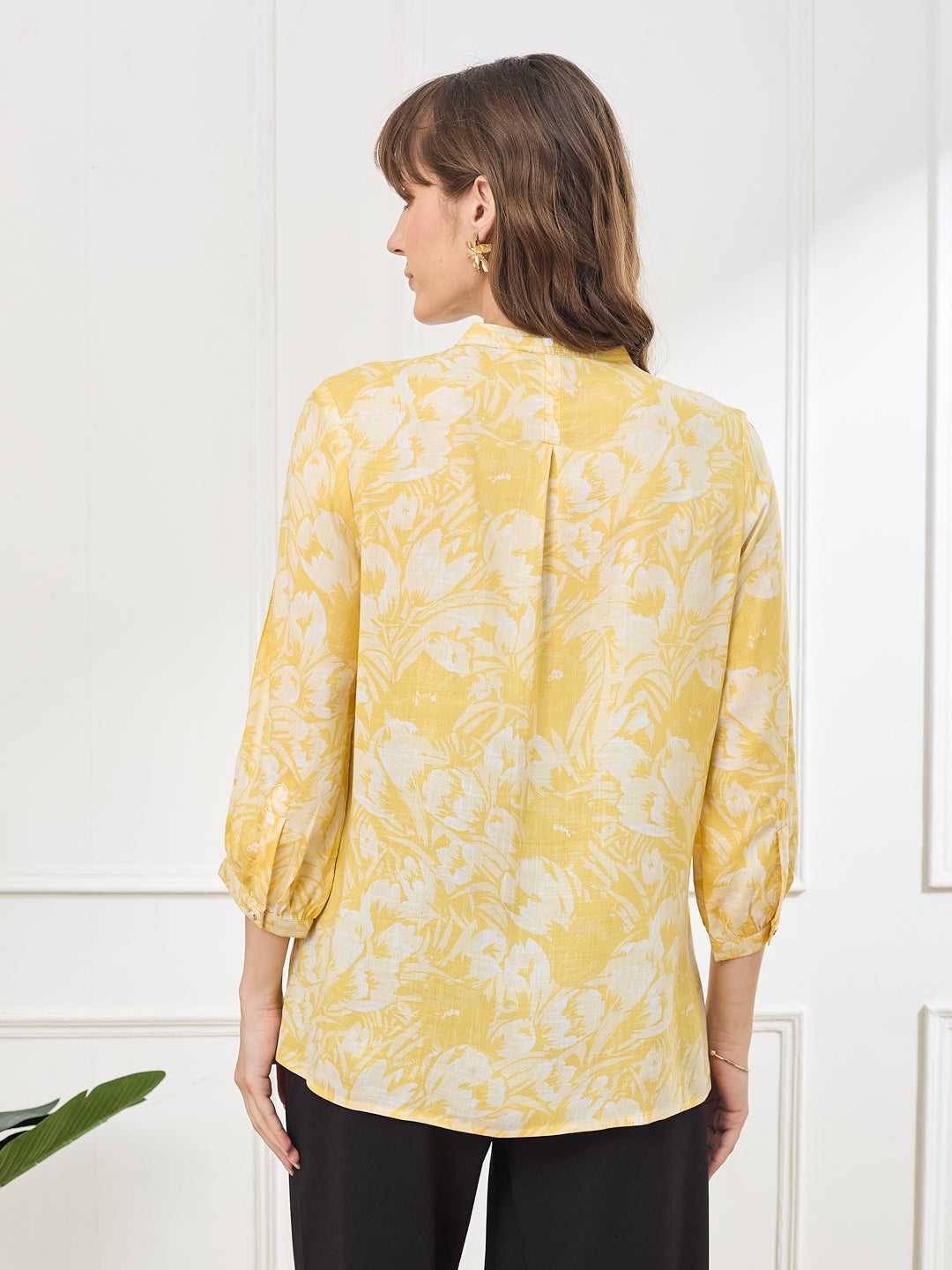Latin Quarters Women's Yellow 3/4th Sleeves Mandarin Neck Casual Printed Tunic