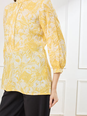 Latin Quarters Women's Yellow 3/4th Sleeves Mandarin Neck Casual Printed Tunic