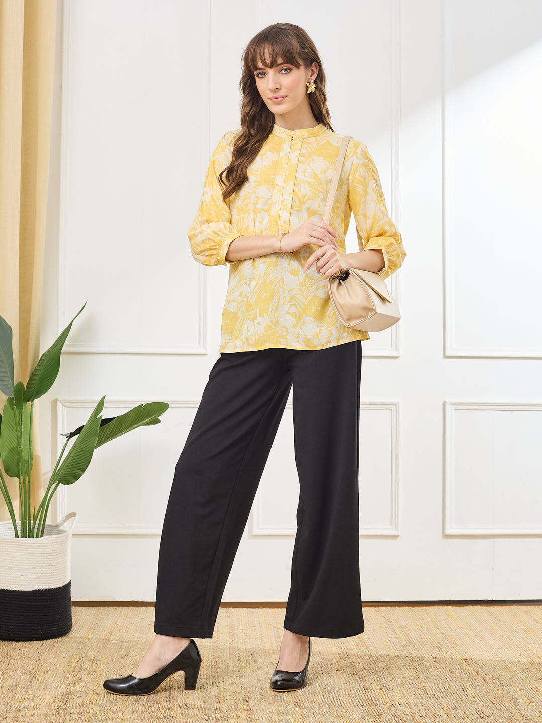 Latin Quarters Women's Yellow 3/4th Sleeves Mandarin Neck Casual Printed Tunic
