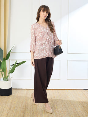 Latin Quarters Women's Pink 3/4th Sleeves V-Neck Casual Printed Tunic