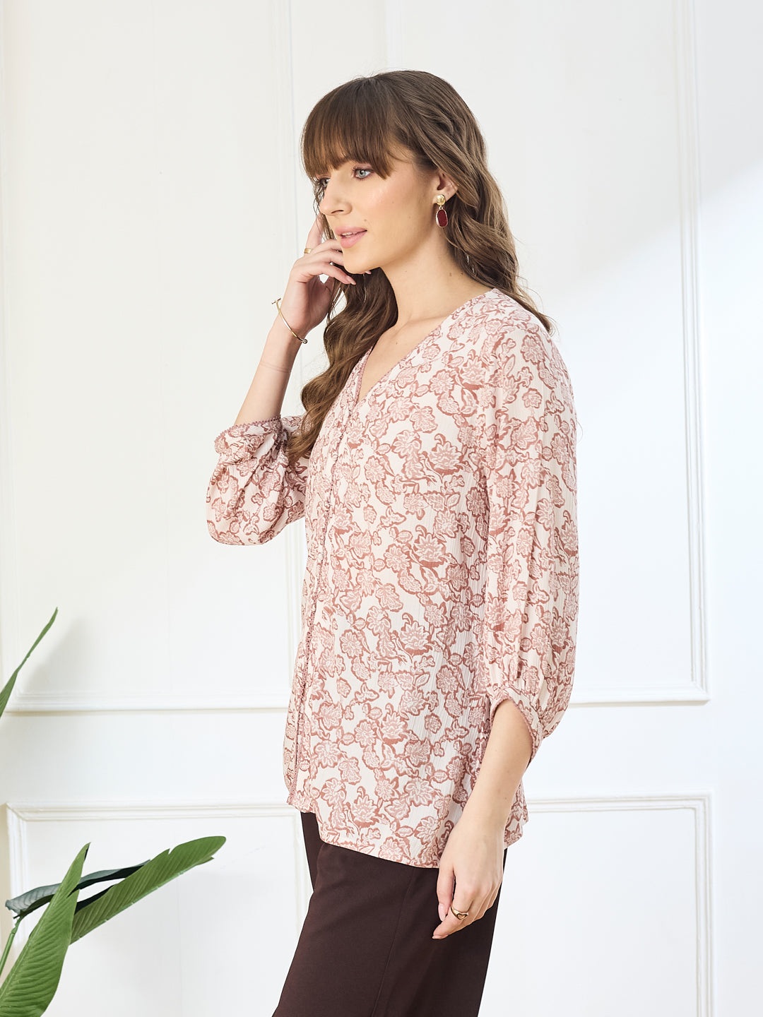 Latin Quarters Women's Pink 3/4th Sleeves V-Neck Casual Printed Tunic