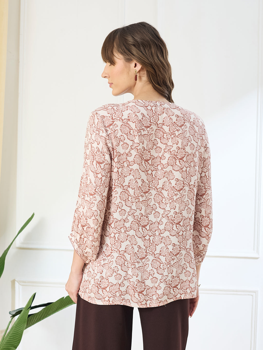 Latin Quarters Women's Pink 3/4th Sleeves V-Neck Casual Printed Tunic