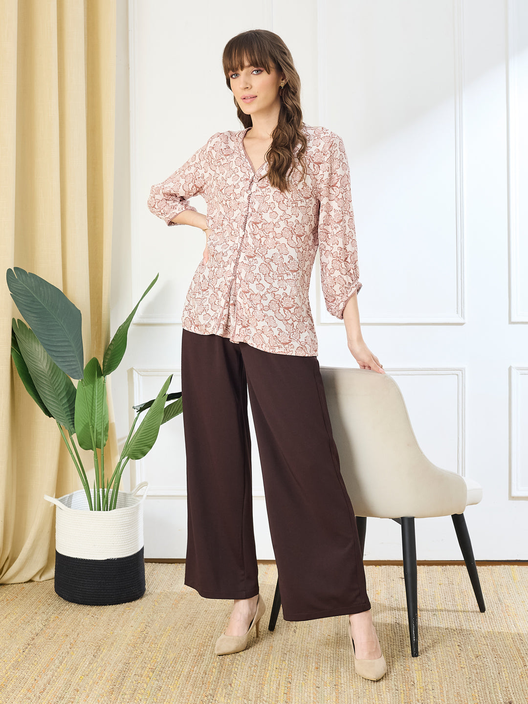 Latin Quarters Women's Pink 3/4th Sleeves V-Neck Casual Printed Tunic