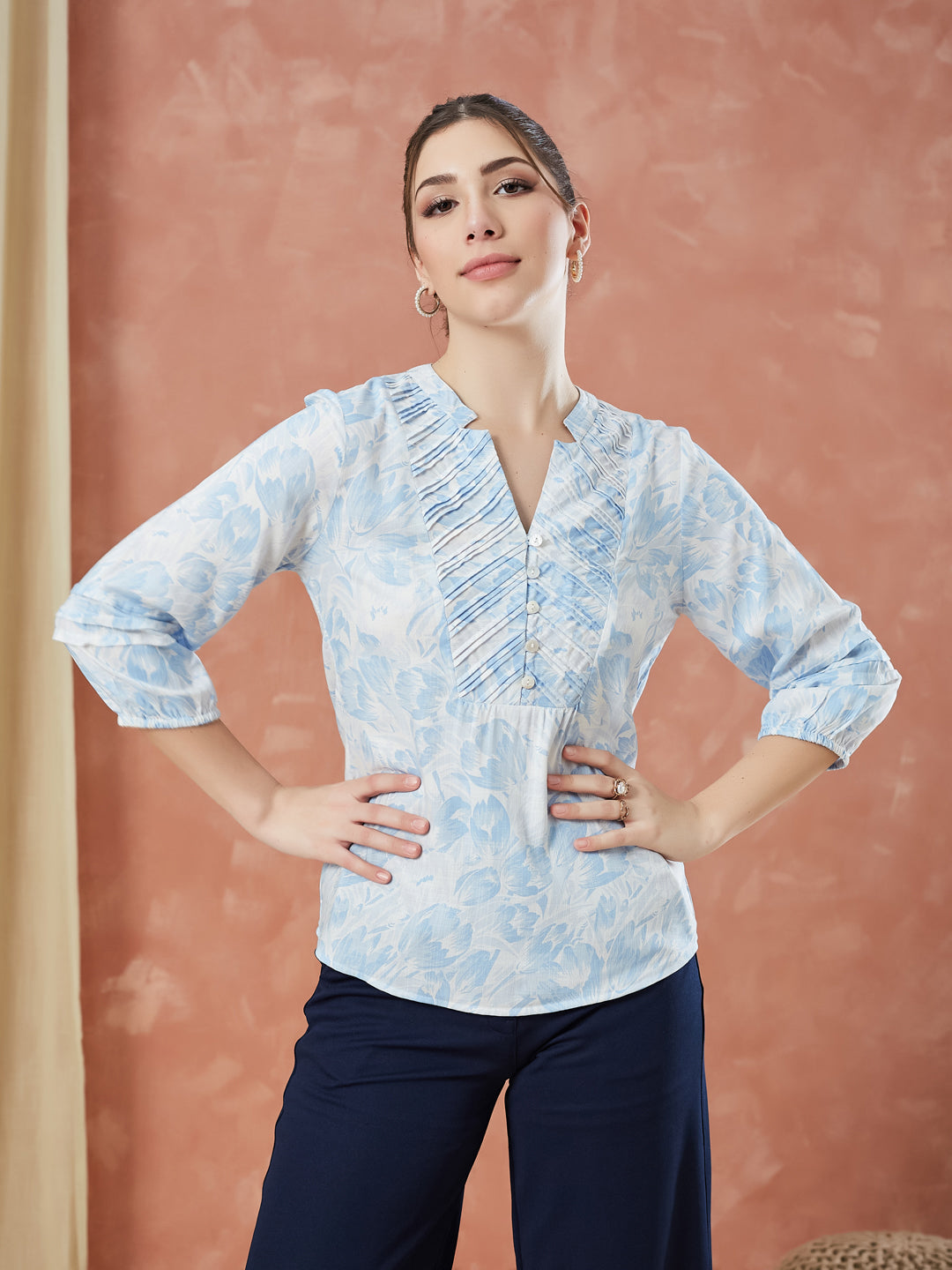 Latin Quarters Women's Blue 3/4Th Sleeves Printed V-Neck Casual Tunic